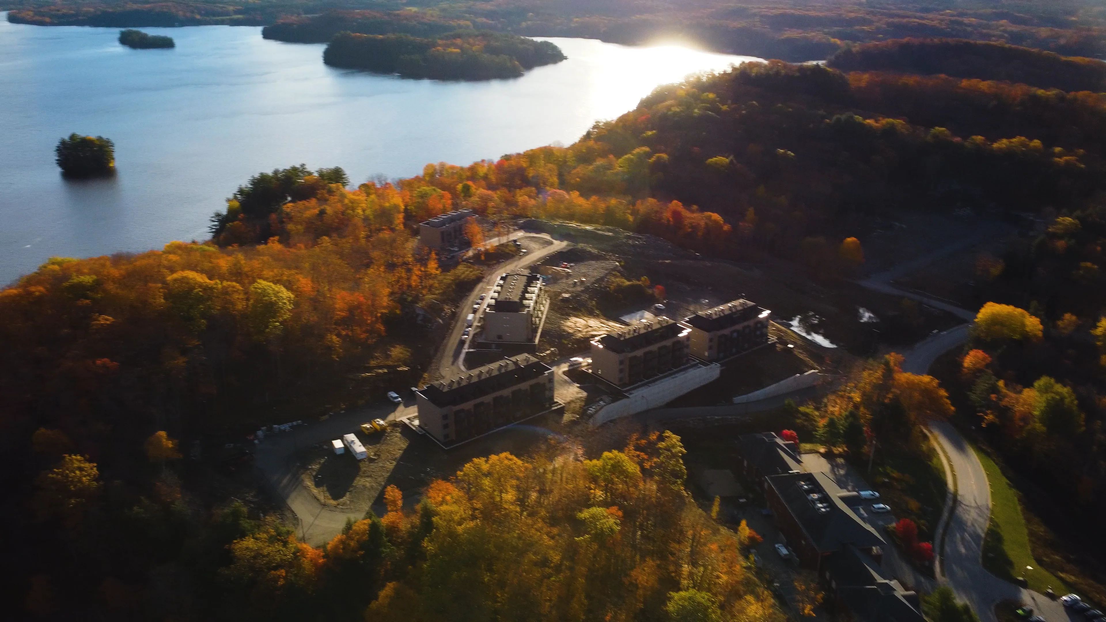 Autumn aerial view of The Summit site beside Fairy Lake.