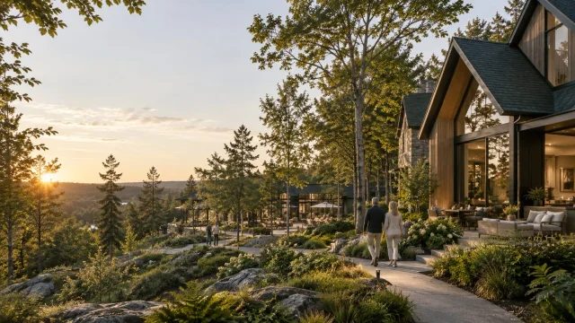 Sales-deck concept rendering of homes and a landscaped path at sunset